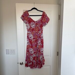 Vibrant Floral Midi Dress in Red and Purple